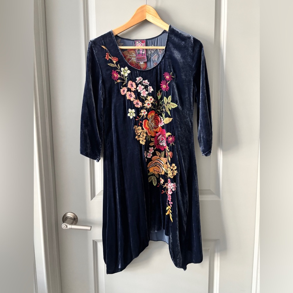 NWT Johnny Was Velvet Dress with Multicolor Floral Embroidery